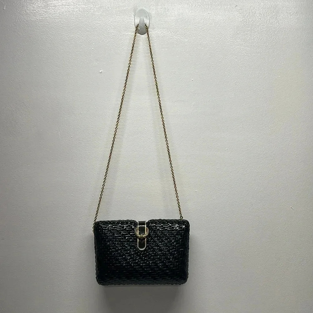 Rodo Purse Bag Wicker Woven Crossbody Chain Strap Black Blue Gold Vintage Square